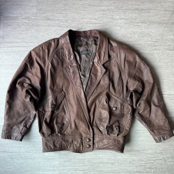 Vintage 80s 90s Express Leather Jacket Womens M Brown Short Bomber Blazer - Picture 1 of 9